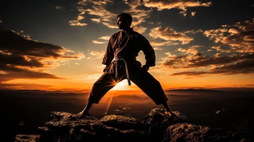 Karate Athlete in Mountainous Sunset Scene AI Image