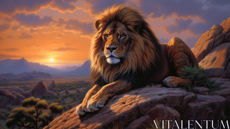 Majestic Lion Painting on African Plain at Sunset AI Image