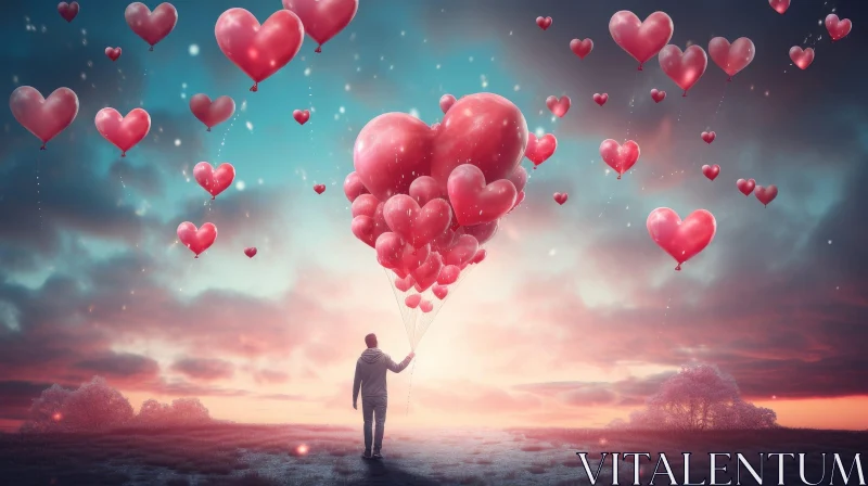 Man in Field of Pink Flowers with Heart-shaped Balloons AI Image