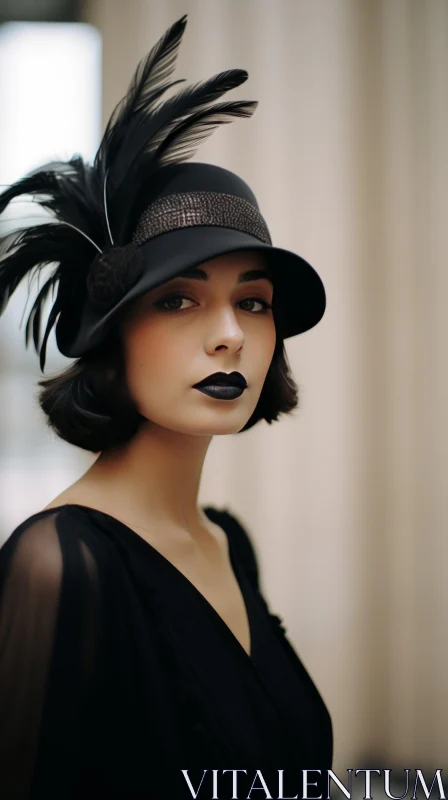 Portrait of a Young Woman in Black Cloche Hat AI Image