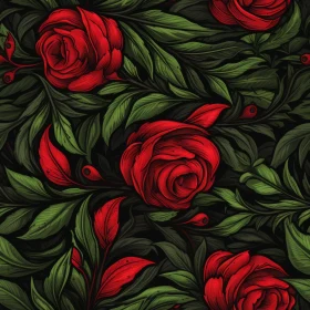 Red Roses and Green Leaves Seamless Pattern