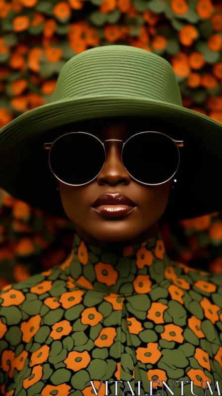 Serious African-American Woman in Green Hat and Sunglasses AI Image