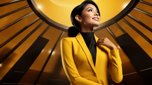 Stylish Woman in Yellow Suit against Futuristic City Background