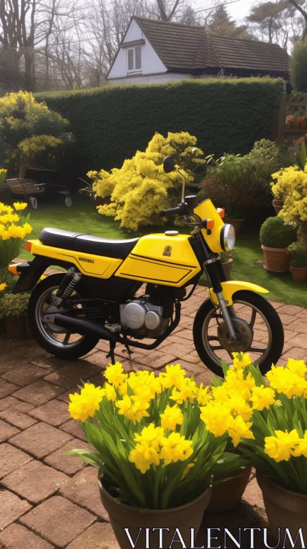 Tranquil Gardenscapes: Captivating Yellow Motorcycle with Flowers AI Image