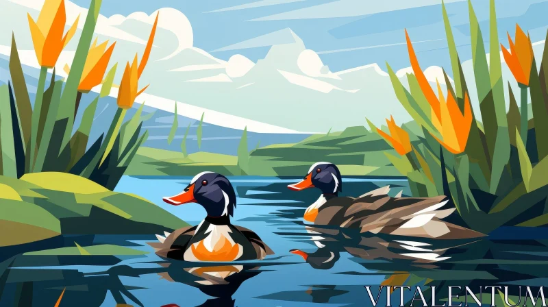 Two Ducks Swimming in Pond Illustration AI Image