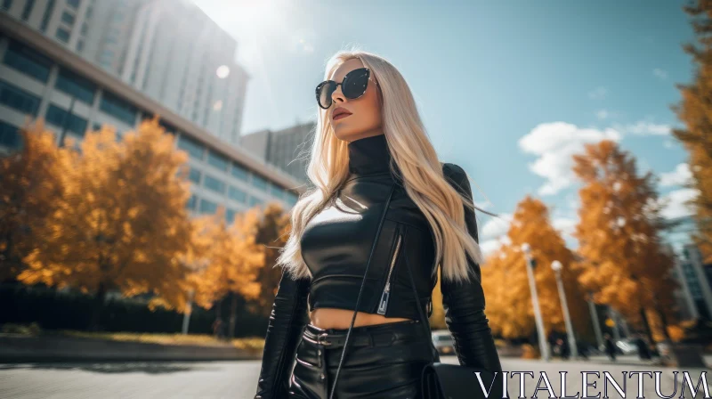 Urban Fashion: Confident Woman in Black Leather Jacket AI Image