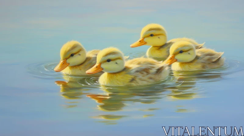 Adorable Ducklings Swimming in Blue Pond AI Image