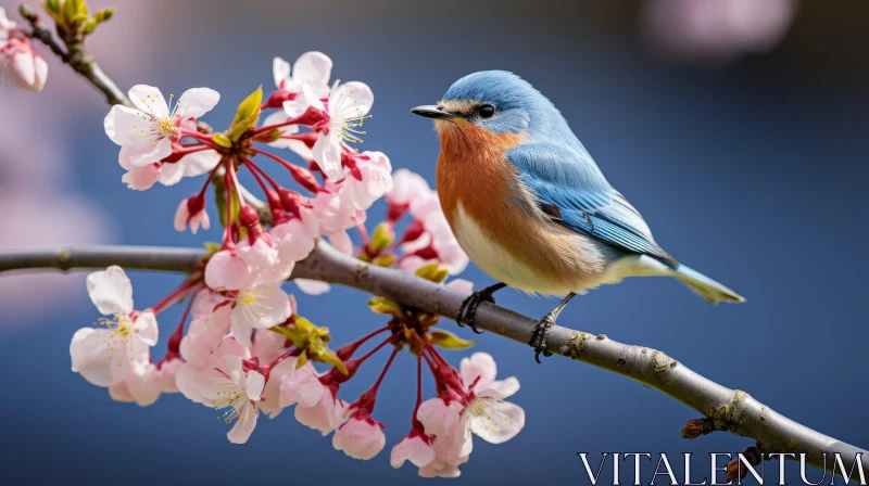 Blue Bird on Cherry Tree Branch with Blossoms AI Image
