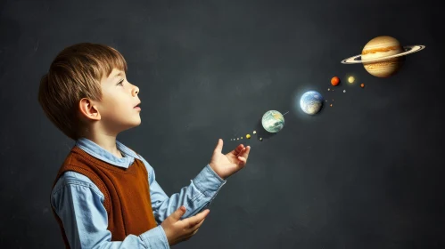 Boy Reaching for Solar System Planets | Artwork