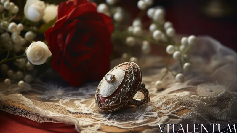 AI ART Elegant Gold Ring with Red Enamel and Diamond on White Lace Tablecloth