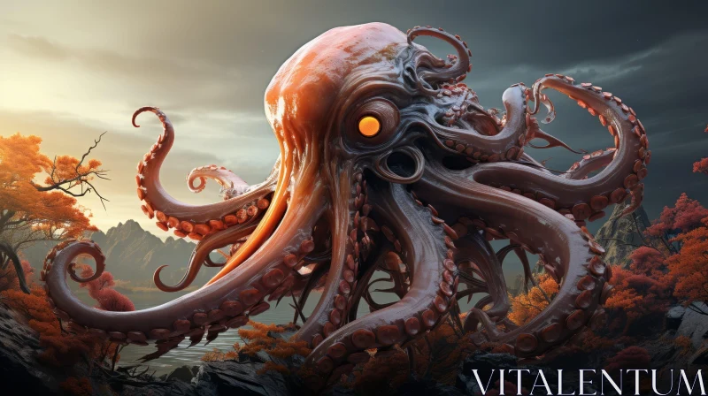 Giant Octopus Digital Painting on Rocky Shore AI Image
