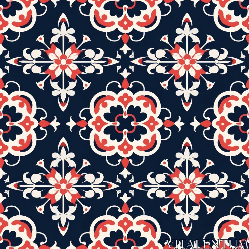Red and White Floral Moroccan Tile Pattern on Dark Blue Background AI Image