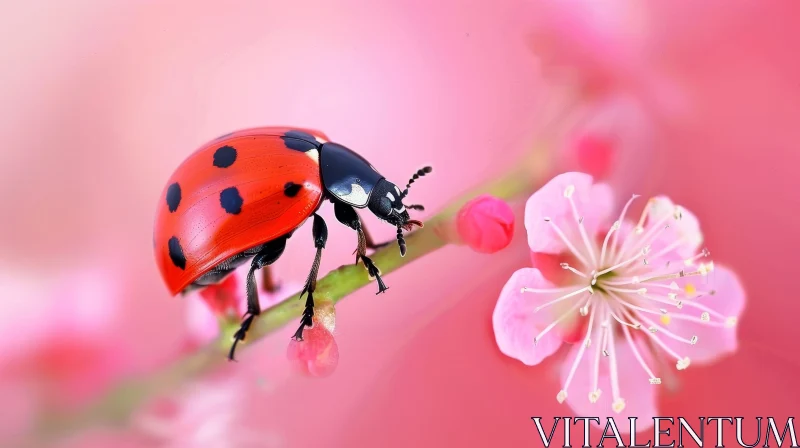 AI ART Red Ladybug on Branch with Pink Flowers - Close-up Nature Image