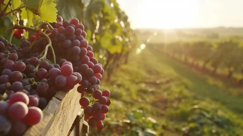 Ripe Red Wine Grapes in a Wooden Box - Serene Vineyard Sunset