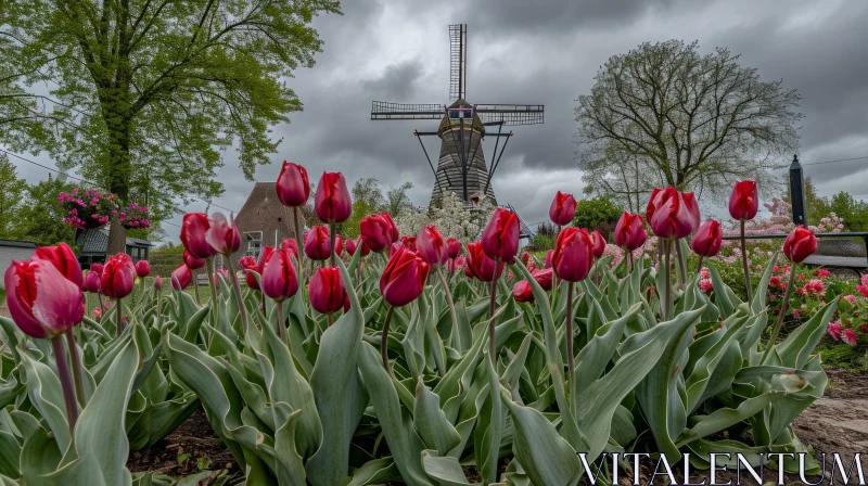 Scenic Field of Red Tulips with Majestic Windmill AI Image