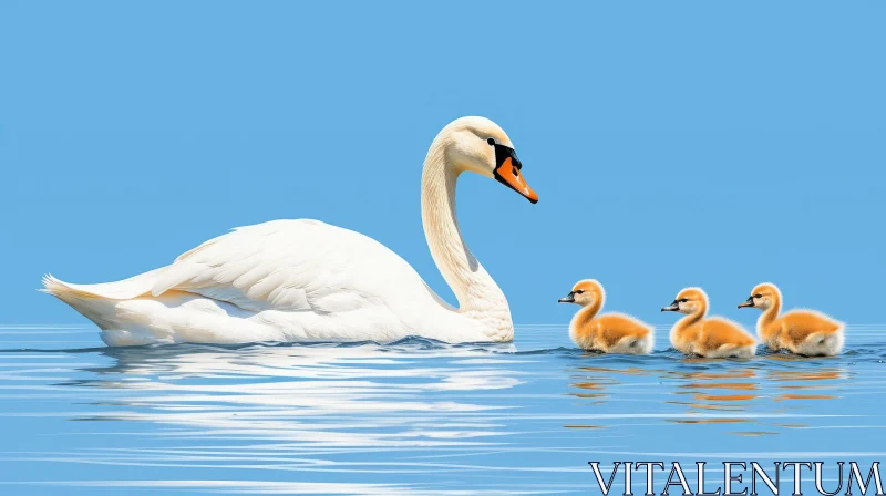 AI ART Tranquil Swan and Cygnets in a Clear Lake
