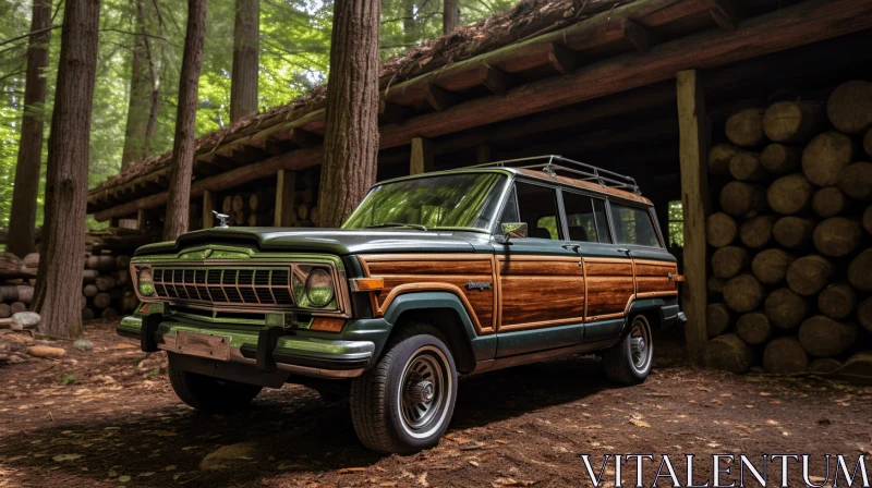 Wooden Jeep in Forest: Timeless American Iconography AI Image