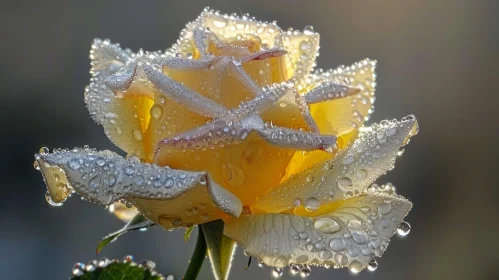 Yellow Rose in Full Bloom: Morning Dew Close-up