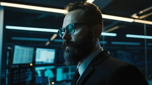 Bearded Man in Eyeglasses and Suit in Dark Office with Computer Screens