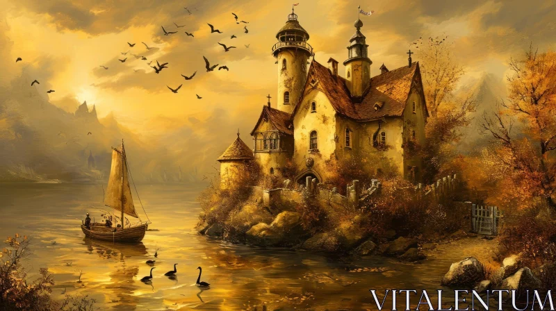 Castle on a Serene Lake - Beautiful Painting AI Image