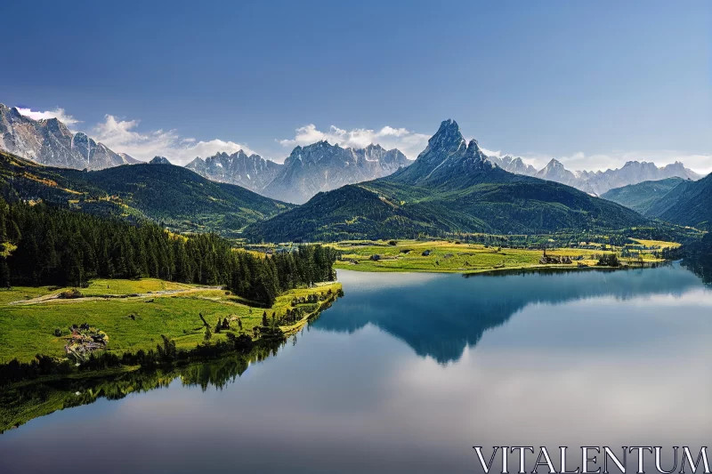 Charming and Idyllic Rural Scene with Beautiful Mountains and a Lake AI Image