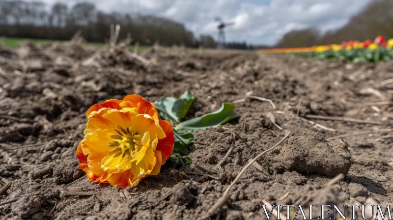 Close-up of a Fallen Tulip Flower in a Field AI Image