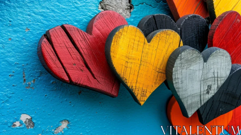 Colorful Wooden Hearts on Blue Wall AI Image
