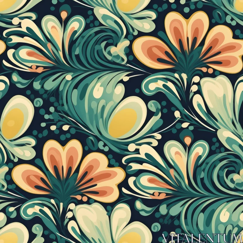 Dark Blue Floral Seamless Pattern - Traditional Folk Art Design AI Image