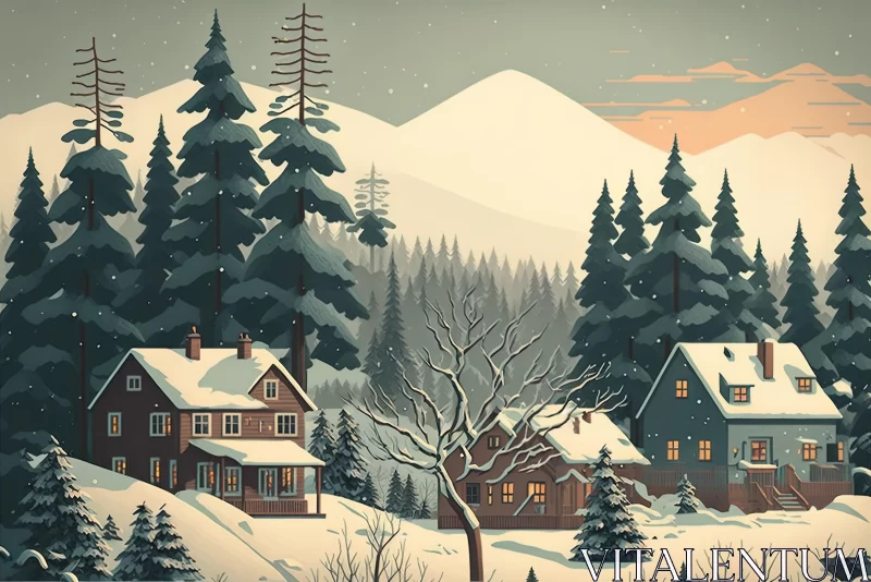 Enchanting Winter Mountain Scene - Vintage Poster Style AI Image