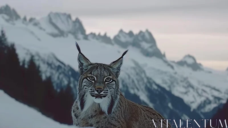 Intense Lynx Encounter in Snow-Capped Mountains AI Image