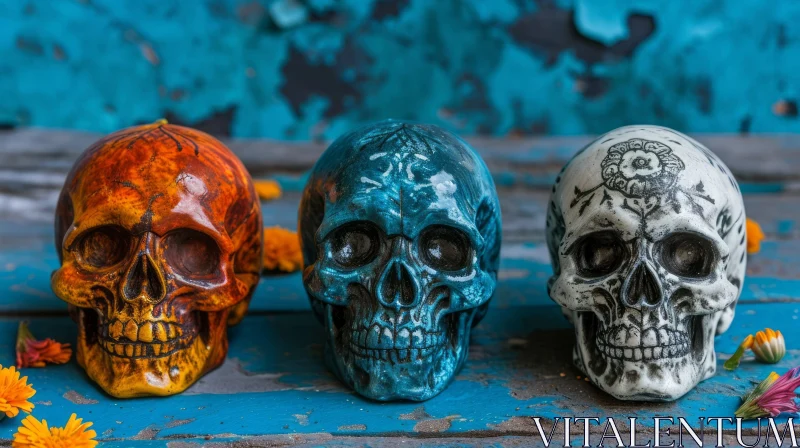 Intricately Painted Skulls on Blue Wooden Surface AI Image