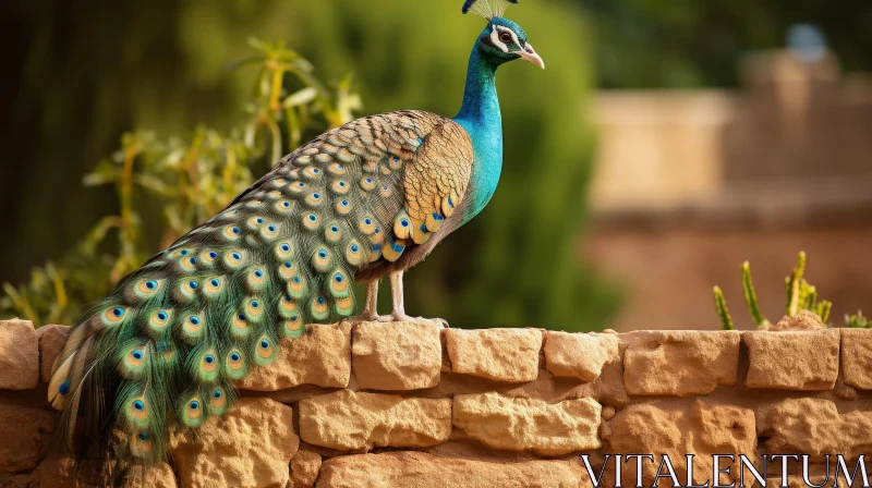 Majestic Peacock Display on Stone Wall AI Image