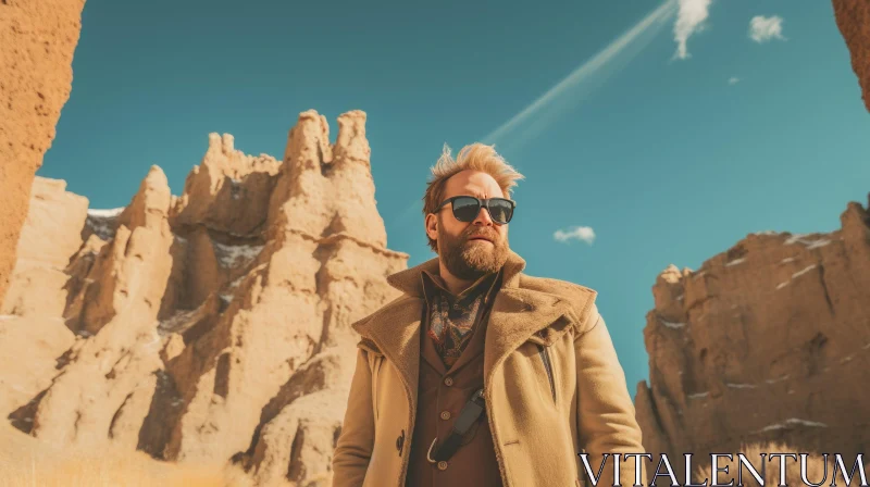 Man in Brown Coat Standing in Desert Landscape AI Image