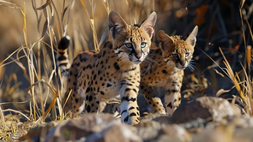 Serval Kittens Walking in the Wild