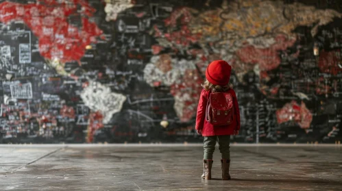 Young Girl Standing in Front of Colorful World Map on Blackboard