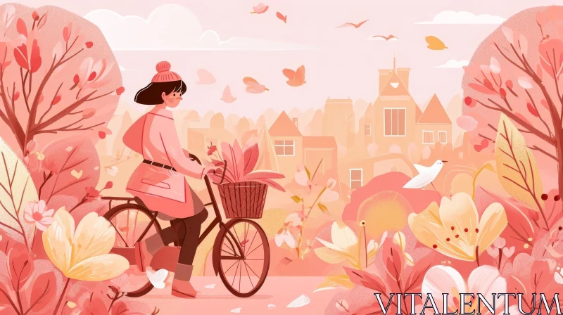 Beautiful Illustration of a Young Woman Riding a Bicycle in a Park AI Image