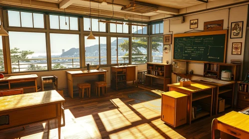 Bright and Inviting Classroom with Wooden Furniture and Blackboard