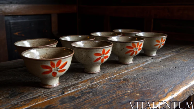 Captivating Ceramic Bowls with Red Floral Patterns on Wooden Table AI Image