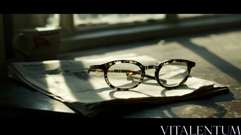 Captivating Close-up: Tortoiseshell Glasses on Newspaper AI Image