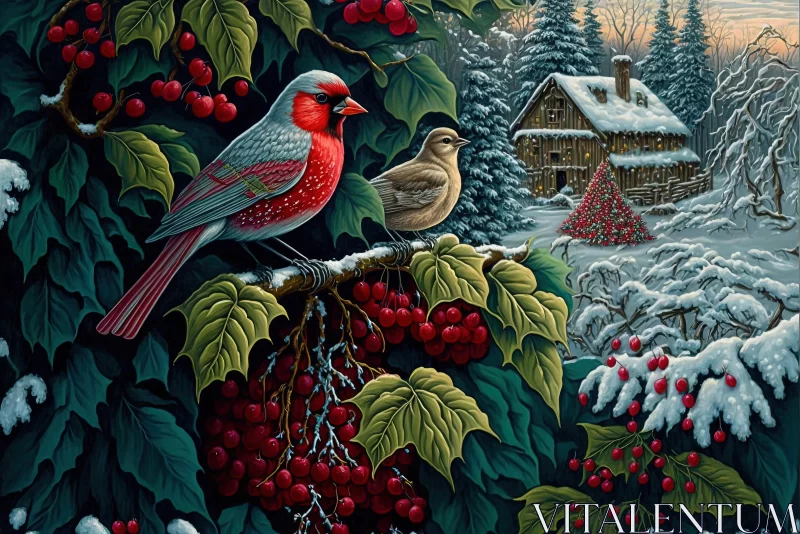Captivating Painting of a Red Bird and Cottage in Snow Scenes AI Image