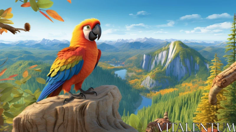 Colorful Parrot Cartoon Illustration on Mountain Landscape AI Image