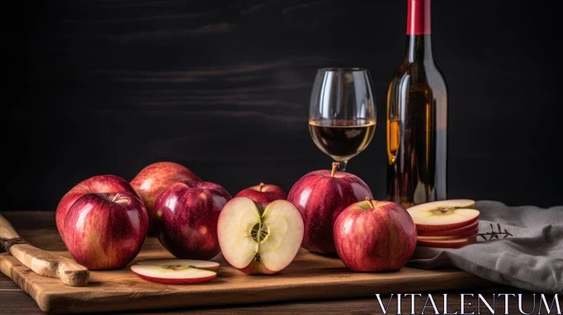 Dark Wood Still Life with Wine and Apples AI Image