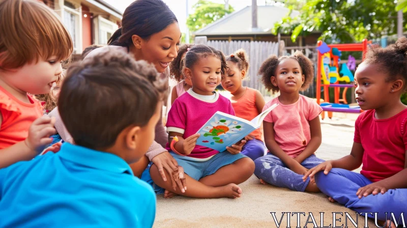 Enchanting Storytelling Moment: African-American Woman Reading to Children AI Image