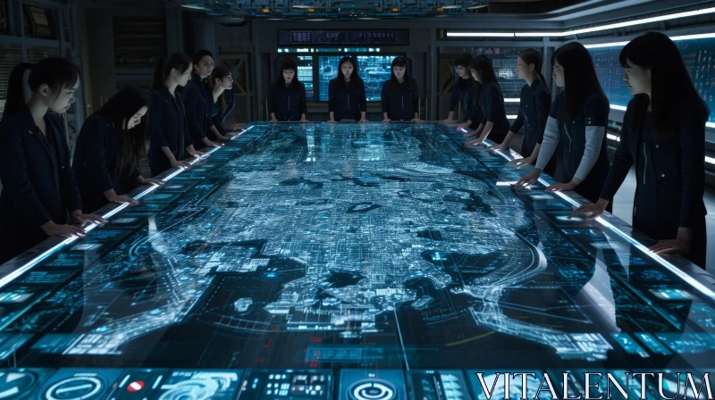 AI ART Intriguing Science Fiction Image: Women Discussing Futuristic City Map