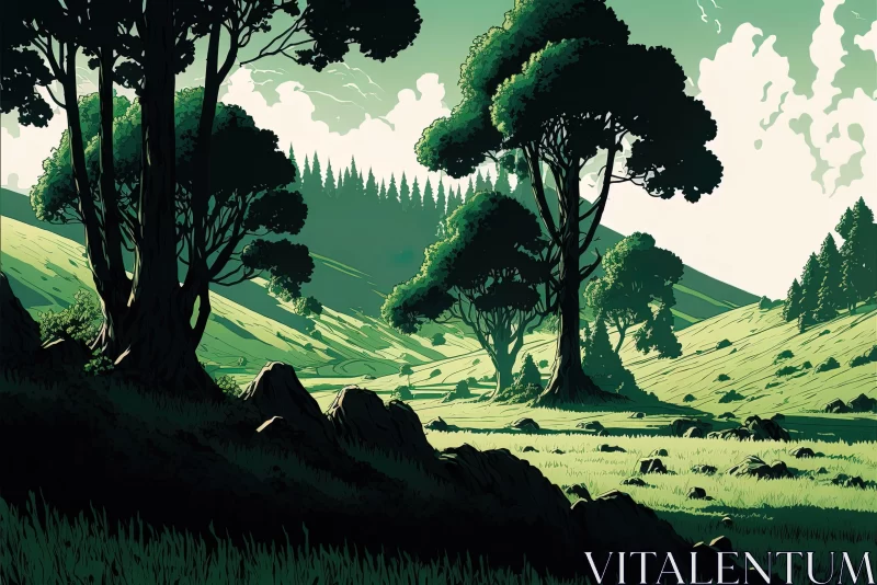 Lush Green Landscape with Trees - Romanticized Wilderness Art AI Image