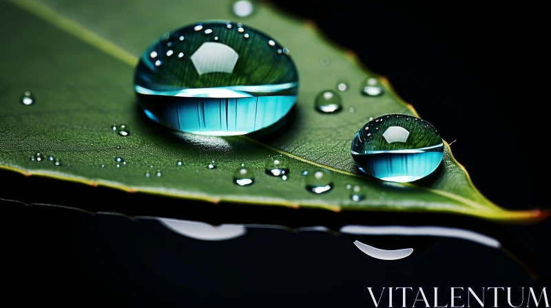 AI ART Macro Nature Photography: Water Drops on Green Leaf
