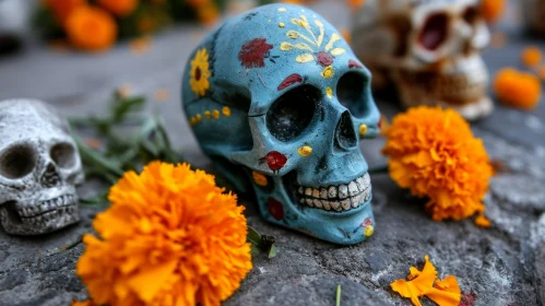 Painted Skull with Marigold Flowers - A Captivating Still Life