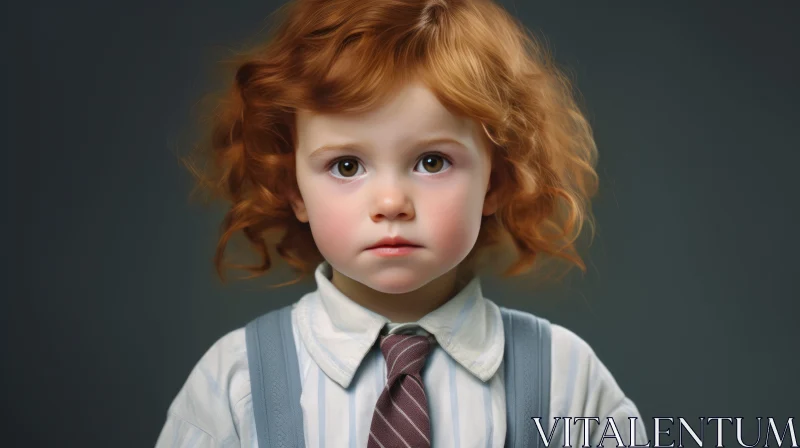 Portrait of a Serious Young Boy with Red Curly Hair AI Image