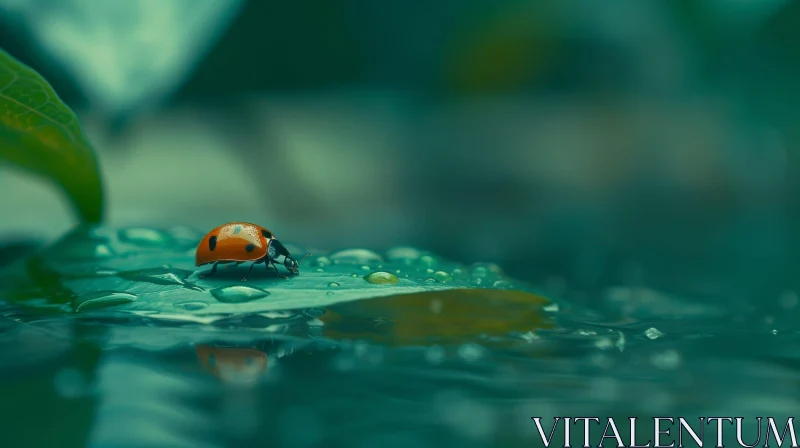 AI ART Red Ladybug on Green Leaf in Rain: Nature Close-up