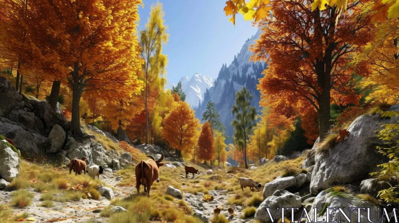 Serene Autumn Landscape with Vibrant Foliage and Snow-Covered Mountains AI Image